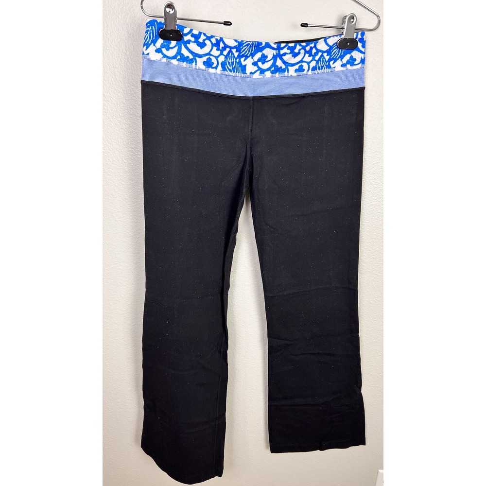 Lululemon Wide Leg Pant Size 8R Black W/ Blue Print Waist Band Legging Flare